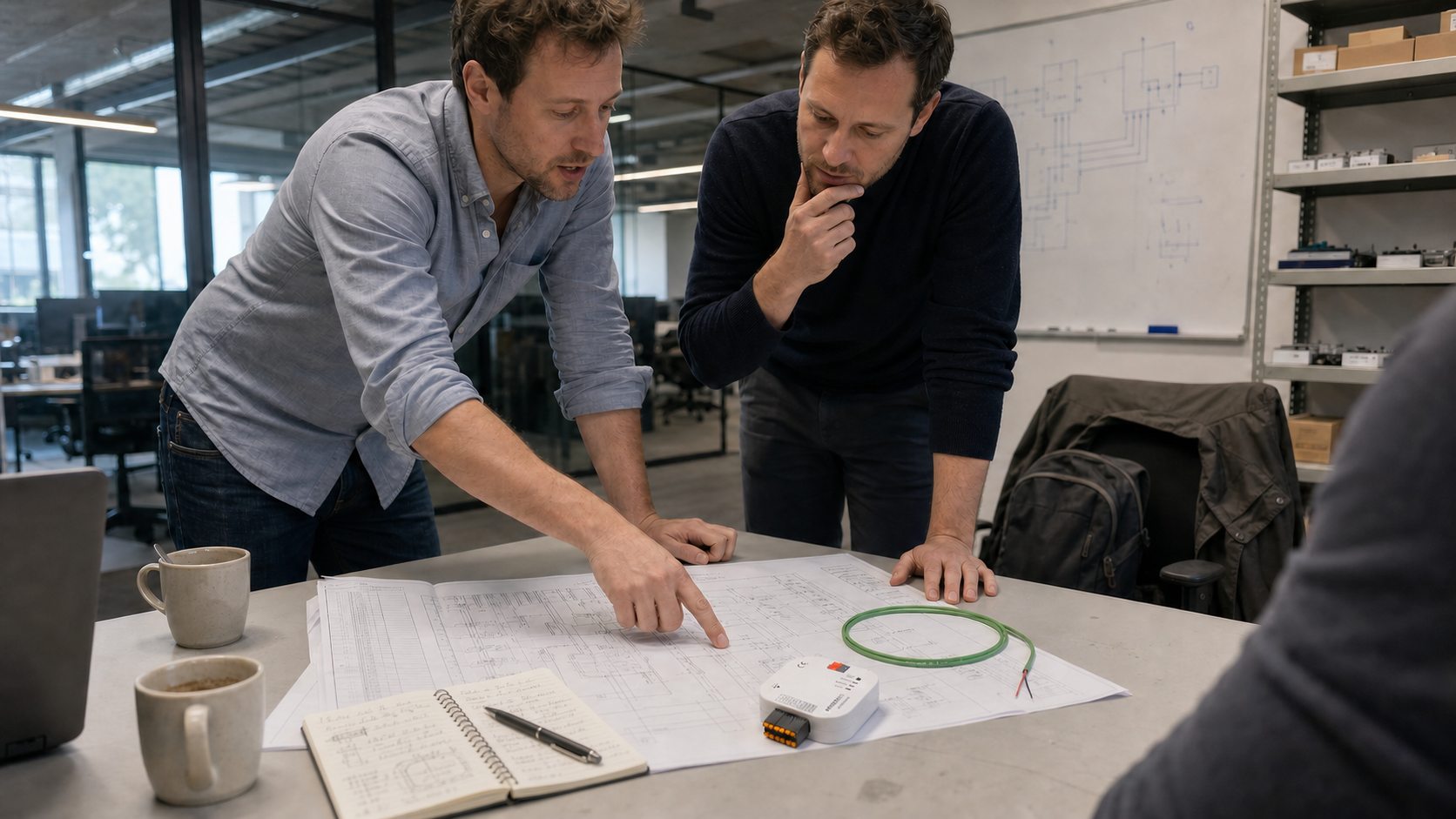 Two engineers leaning over a riser diagram with a Horizentis KNX module and a bus cable on it, working through a detail together